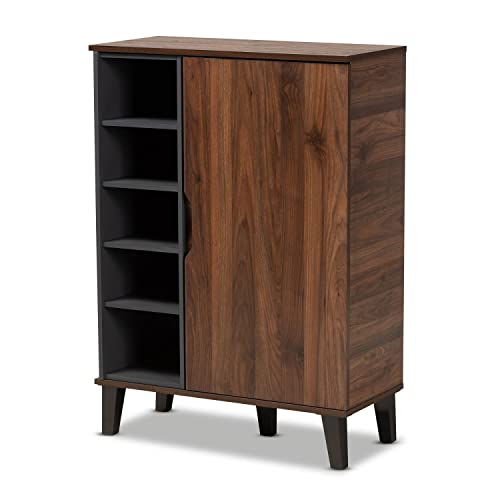 Baxton Studio Idina Mid-Century Modern Two-Tone Walnut Brown and Grey Finished Wood 1-Door Shoe Cabinet