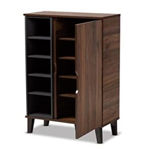 Baxton Studio Idina Mid-Century Modern Two-Tone Walnut Brown and Grey Finished Wood 1-Door Shoe Cabinet