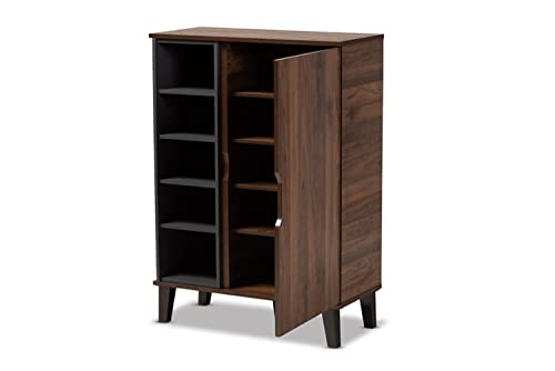 Baxton Studio Idina Mid-Century Modern Two-Tone Walnut Brown and Grey Finished Wood 1-Door Shoe Cabinet