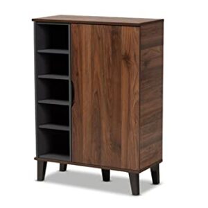 Baxton Studio Idina Mid-Century Modern Two-Tone Walnut Brown and Grey Finished Wood 1-Door Shoe Cabinet