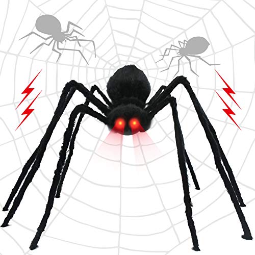 Wesprex Halloween Realistic Spider Decoration, Touch & Sound Activated Giant Spider with LED Red Flashing Eyes, Scary Sounds and Vibration Effect for Both Indoor and Outdoor Decoration 4.1 FT (50’’)