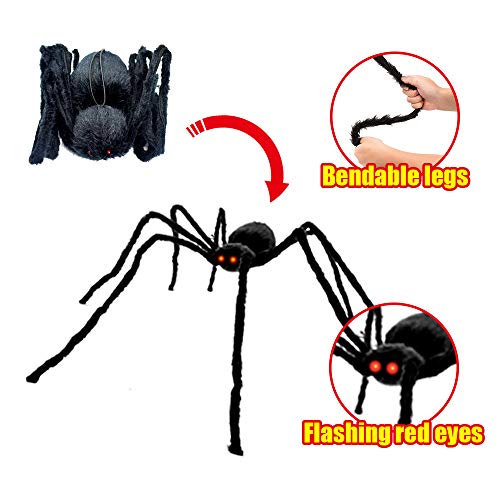 Wesprex Halloween Realistic Spider Decoration, Touch & Sound Activated Giant Spider with LED Red Flashing Eyes, Scary Sounds and Vibration Effect for Both Indoor and Outdoor Decoration 4.1 FT (50’’)