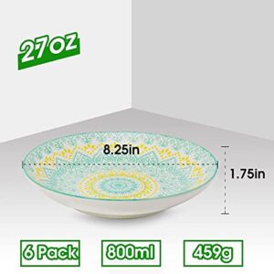 Farielyn-X Large Salad Pasta Bowls Set of 6, Wide and Shallow Porcelain Dinner Bowl/Dishes, 27 oz Assorted Patterns Serving Plates and Bowls for Pasta, Salad, Cereal, Soup, Microwave & Dishwasher Safe