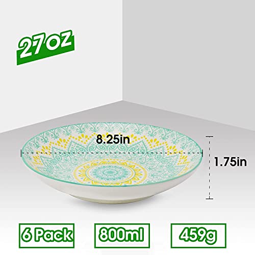 Farielyn-X Large Salad Pasta Bowls Set of 6, Wide and Shallow Porcelain Dinner Bowl/Dishes, 27 oz Assorted Patterns Serving Plates and Bowls for Pasta, Salad, Cereal, Soup, Microwave & Dishwasher Safe