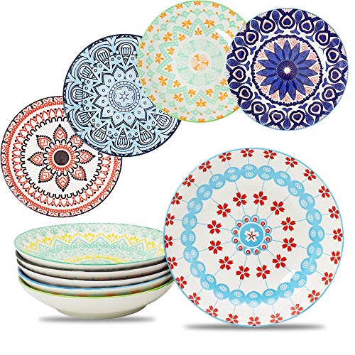 Farielyn-X Large Salad Pasta Bowls Set of 6, Wide and Shallow Porcelain Dinner Bowl/Dishes, 27 oz Assorted Patterns Serving Plates and Bowls for Pasta, Salad, Cereal, Soup, Microwave & Dishwasher Safe