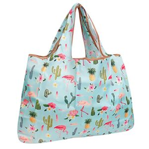 bowbear foldable nylon reusable shopping grocery bag, flamingos & succulents