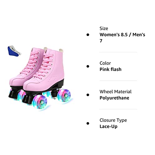 XUDREZ Roller Skates PU Leather High-top Roller Skates Four-Wheel Roller Skates Shiny Roller Skates for Adult, Boys, Girls (Pink Flash,Women's 10 / Men's 8.5)