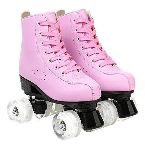 XUDREZ Roller Skates PU Leather High-top Roller Skates Four-Wheel Roller Skates Shiny Roller Skates for Adult, Boys, Girls (Pink Flash,Women's 10 / Men's 8.5)