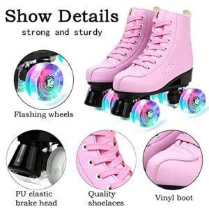 XUDREZ Roller Skates PU Leather High-top Roller Skates Four-Wheel Roller Skates Shiny Roller Skates for Adult, Boys, Girls (Pink Flash,Women's 10 / Men's 8.5)