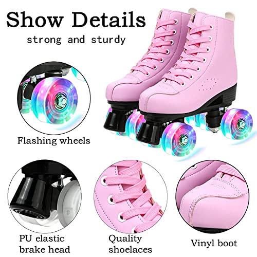 XUDREZ Roller Skates PU Leather High-top Roller Skates Four-Wheel Roller Skates Shiny Roller Skates for Adult, Boys, Girls (Pink Flash,Women's 10 / Men's 8.5)