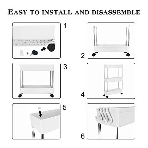 YooFZler 3 Tier Slim Storage Cart Mobile Tower Rack Rolling Shelving Unit Storage with Casters Wheels&4 Side Hoops for Kitchen Bathroom Laundry Room