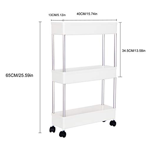 YooFZler 3 Tier Slim Storage Cart Mobile Tower Rack Rolling Shelving Unit Storage with Casters Wheels&4 Side Hoops for Kitchen Bathroom Laundry Room