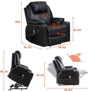 Electric Power Lift Chair Recliner Sofa for Elderly Massage Chair, Adjustable Furniture with Vibration Massage and Lumbar Heated,Remote Control,USB Ports for Living Room (Black, Leather)
