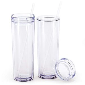 maars skinny acrylic tumbler with lid and straw | 18oz premium insulated double wall plastic reusable cups - clear, 2 pack
