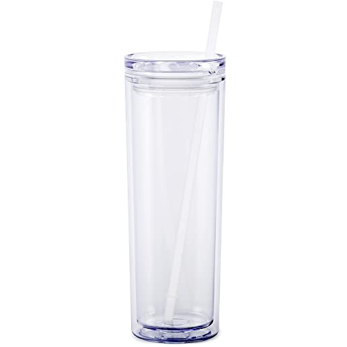 Maars Skinny Acrylic Tumbler with Lid and Straw | 18oz Premium Insulated Double Wall Plastic Reusable Cups - Clear, 2 Pack