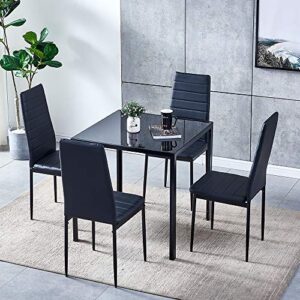 set of 5 dining table chair set, black glass square dining table and 4 black faux leather dining chairs, modern dining room set with metal legs 5-piece kitchen table chair set for home restaurant