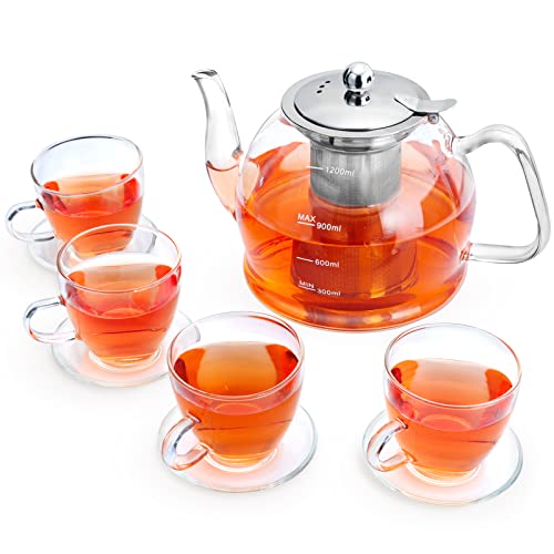 MINO ANT Tea Set – 1200ml Glass Teapot with Removable Stainless Steel Infuser, and 4 Glass Teacups, Stovetop Safe Tea Kettle Gift Set, Blooming and Loose Leaf Tea Maker Set