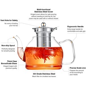 MINO ANT Tea Set – 1200ml Glass Teapot with Removable Stainless Steel Infuser, and 4 Glass Teacups, Stovetop Safe Tea Kettle Gift Set, Blooming and Loose Leaf Tea Maker Set