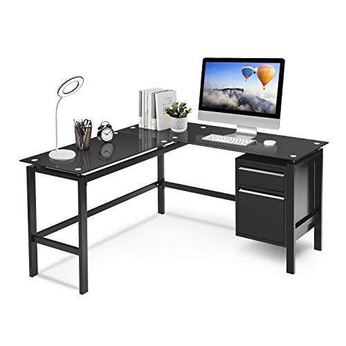 Pataku L Shaped Home Office Desk, Corner Computer Desk Modern Study Writing Table with 2 Drawers, Tempered Glass Desktop, Metal Frame, Black