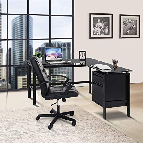 Pataku L Shaped Home Office Desk, Corner Computer Desk Modern Study Writing Table with 2 Drawers, Tempered Glass Desktop, Metal Frame, Black