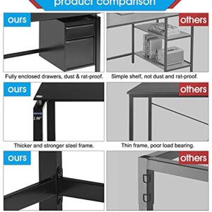 Pataku L Shaped Home Office Desk, Corner Computer Desk Modern Study Writing Table with 2 Drawers, Tempered Glass Desktop, Metal Frame, Black