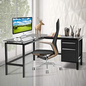 Pataku L Shaped Home Office Desk, Corner Computer Desk Modern Study Writing Table with 2 Drawers, Tempered Glass Desktop, Metal Frame, Black