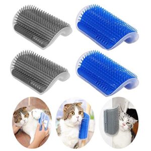 double2c cat self groomer, 4 pack cat wall corner groomers with catnip, soft face scratchers brush, corner massage comb for long & short fur kitten/puppy (blue+grey)