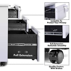 File Cabinet 3-Drawer on Wheels 23.6 Inch Mobile Storage Cabinet for Home and Office with Lock Metal Filing Cabinet Suitable for Legal and Letter at Least 13 Inches in Size,Fully Assembled (White)
