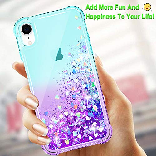 Gritup iPhone XR Case, iPhone XR Phone Case 6.1 inch with HD Screen Protector for Girls Women, Cute Clear Gradient Glitter Liquid TPU Slim Phone Case for iPhone XR Teal/Purple