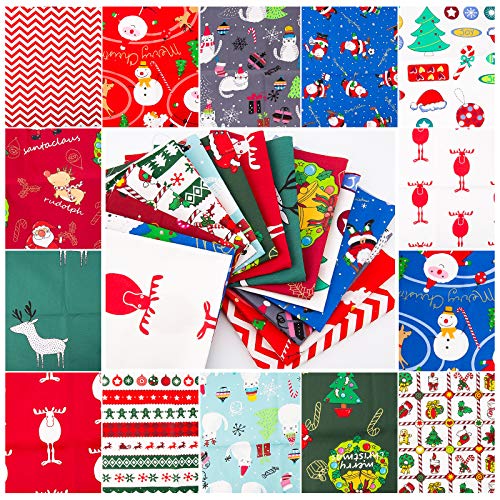 TOYMIS 15Pcs 9.8x9.8 Inch Christmas Cotton Fabric, Square Precut Quilting Patchwork Fabric Scraps for DIY Christmas Sewing Craft Supplies—Snowflake, Santa, Reindeer, Bell Print