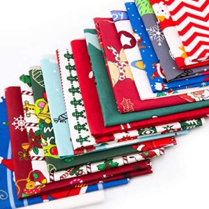 TOYMIS 15Pcs 9.8x9.8 Inch Christmas Cotton Fabric, Square Precut Quilting Patchwork Fabric Scraps for DIY Christmas Sewing Craft Supplies—Snowflake, Santa, Reindeer, Bell Print