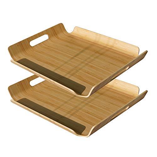 MXHAPPY Wood Serving Trays with Handles Bamboo Butler Trays Food Coffee Tea Breakfast Tray Rectangle Large, 18.1 X 14 Inch, 2 PCS