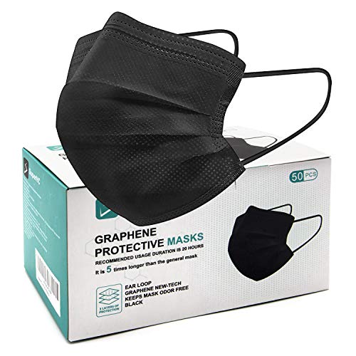 SuperHC 50 Pcs Graphene Protective Masks, Black Disposable Face Mask, Breathable 3-Layer Non-Woven Facemask, Lightweight Dust Protection Facial Masks for Adult Men Women Office Outdoor