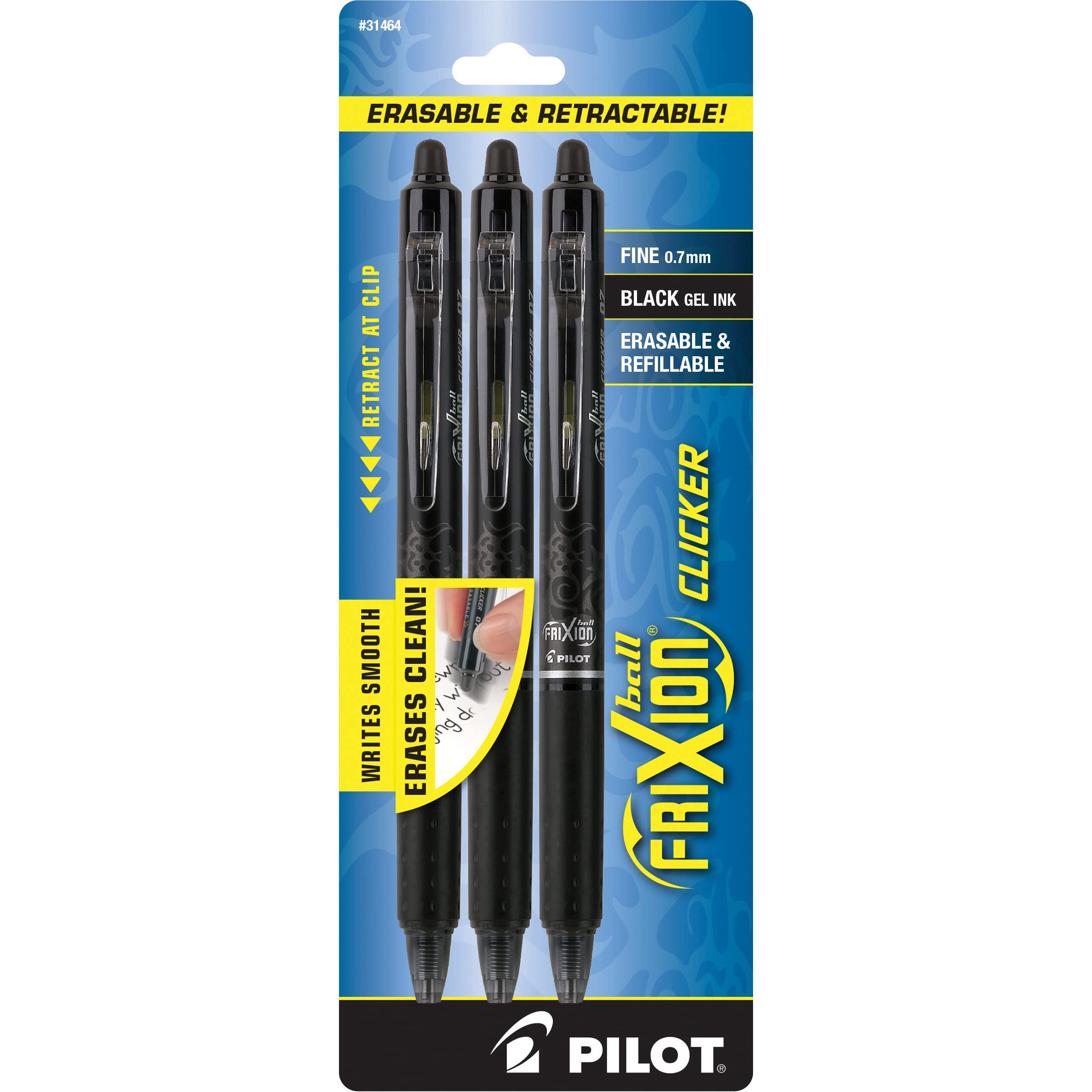 PILOT FriXion Clicker Erasable, Refillable & Retractable Gel Ink Pens, Fine Point, Black Ink, 3 Count (Pack of 1) (31464)