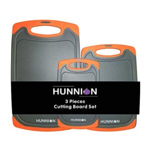 hunnion kitchen cutting board 3 piece set : juice grooves with easy-grip handles, bpa-free, non-porous, dishwasher safe, multiple size plastic cutting boards (orange)