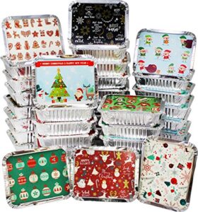 joyin 48 pcs christmas cookie tins with lids for gift giving, rectangular treat foil containers, tupperware disposable food storage pan for holiday leftovers goodie container or cookie exchange