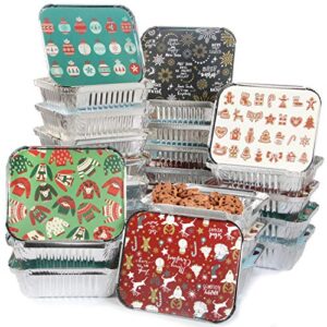 JOYIN 48 Pcs Christmas Cookie Tins with Lids for Gift Giving, Rectangular Treat Foil Containers, Tupperware Disposable Food Storage Pan for Holiday Leftovers Goodie Container or Cookie Exchange