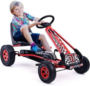 homgx pedal go kart, outdoor kids pedal go kart with adjustable bucket seat, steering wheel, rubber wheels, brake, pedal powered ride on kart for boys, girls (reddish black)