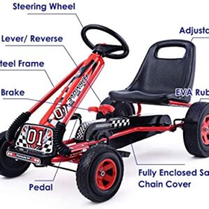 HOMGX Pedal Go Kart, Outdoor Kids Pedal Go Kart with Adjustable Bucket Seat, Steering Wheel, Rubber Wheels, Brake, Pedal Powered Ride On Kart for Boys, Girls (Reddish Black)