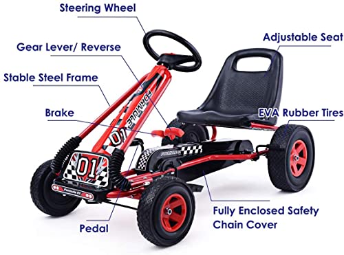 HOMGX Pedal Go Kart, Outdoor Kids Pedal Go Kart with Adjustable Bucket Seat, Steering Wheel, Rubber Wheels, Brake, Pedal Powered Ride On Kart for Boys, Girls (Reddish Black)