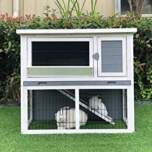 Hanover Outdoor Wooden 2-Story Rabbit Hutch with Ramp, Wire Mesh Run, Cage, Waterproof Roof, Removable Tray - HANRH0103-GRY