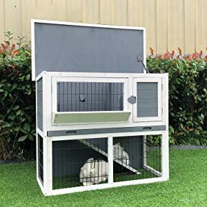 Hanover Outdoor Wooden 2-Story Rabbit Hutch with Ramp, Wire Mesh Run, Cage, Waterproof Roof, Removable Tray - HANRH0103-GRY