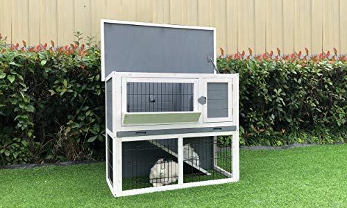 Hanover Outdoor Wooden 2-Story Rabbit Hutch with Ramp, Wire Mesh Run, Cage, Waterproof Roof, Removable Tray - HANRH0103-GRY