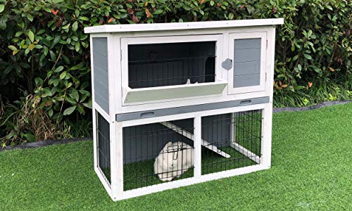 Hanover Outdoor Wooden 2-Story Rabbit Hutch with Ramp, Wire Mesh Run, Cage, Waterproof Roof, Removable Tray - HANRH0103-GRY