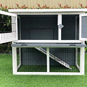 Hanover Outdoor Wooden 2-Story Rabbit Hutch with Ramp, Wire Mesh Run, Cage, Waterproof Roof, Removable Tray - HANRH0103-GRY