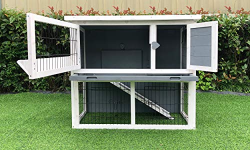 Hanover Outdoor Wooden 2-Story Rabbit Hutch with Ramp, Wire Mesh Run, Cage, Waterproof Roof, Removable Tray - HANRH0103-GRY