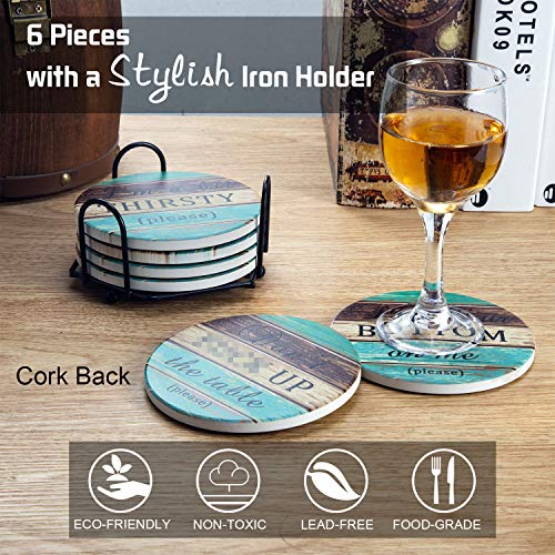 Ceramic Coasters for Drinks Absorbent, Esur Rustic Farmhouse Stone Coaster Set of 6 with Metal Holder for Wooden Table Protection, Funny Style for Bar Home Decor, Housewarming Gift