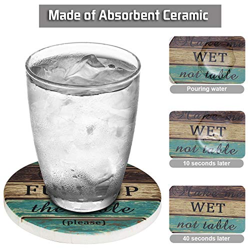 Ceramic Coasters for Drinks Absorbent, Esur Rustic Farmhouse Stone Coaster Set of 6 with Metal Holder for Wooden Table Protection, Funny Style for Bar Home Decor, Housewarming Gift