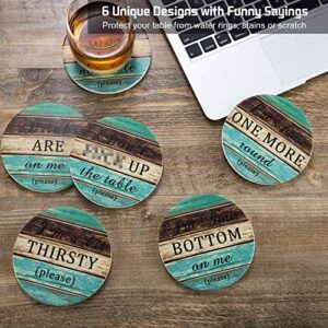 Ceramic Coasters for Drinks Absorbent, Esur Rustic Farmhouse Stone Coaster Set of 6 with Metal Holder for Wooden Table Protection, Funny Style for Bar Home Decor, Housewarming Gift