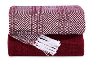 cotton hand woven soft cozy warm throw blankets set of 2 50x60 inches all season light weight couch chair bed decorative herringbone weave (burgundy)